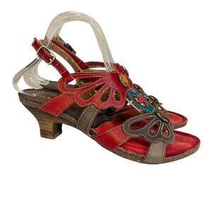 L'Artiste Abysynthe Sandals 39 US 8.5 Red Leather Butterfly Maximalist Festival